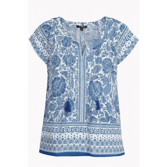 6 for $20 Talbots short-sleeve blue and white floral print top M 100% Cotton - Picture 1 of 6